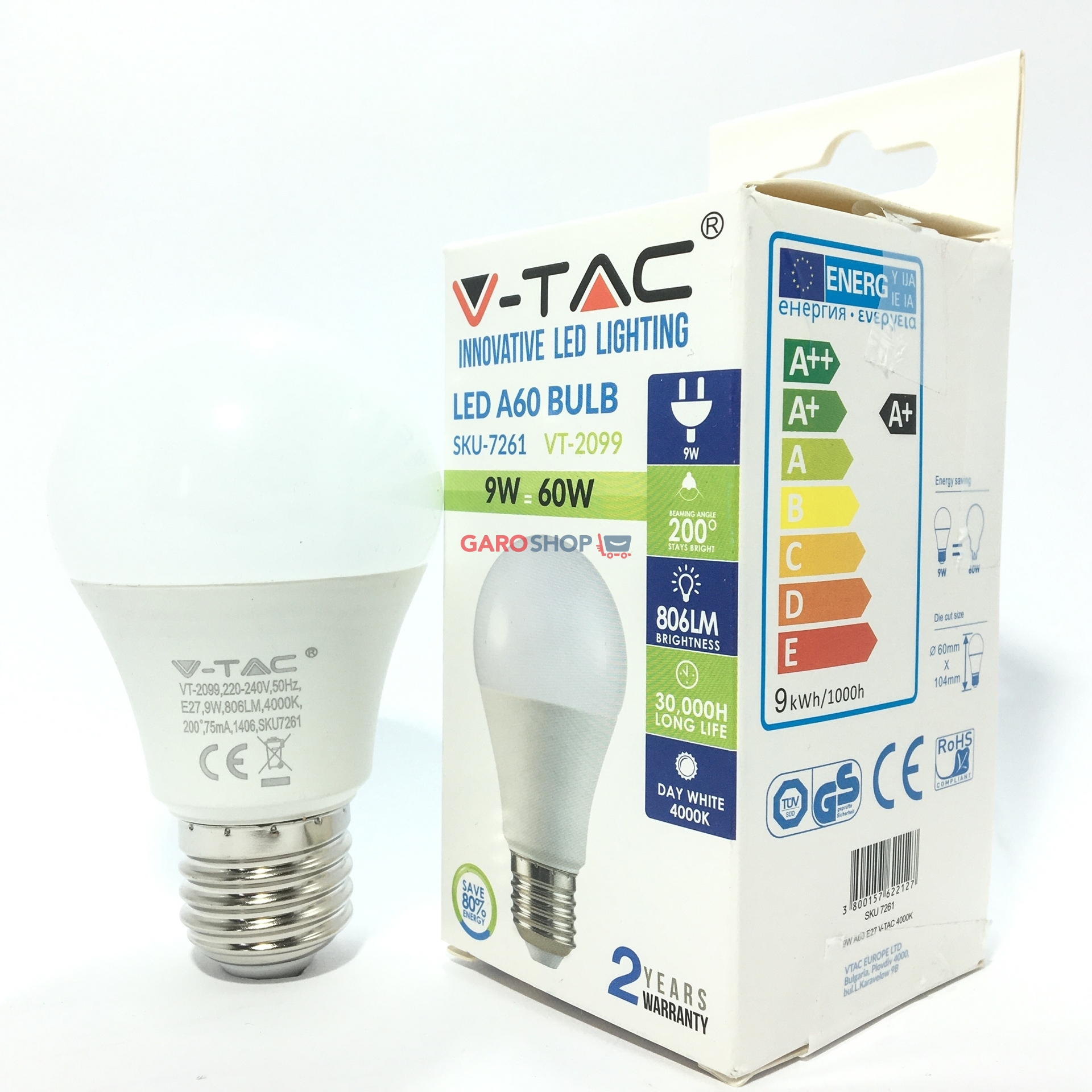 GaroShop. V-TAC VT-2099 LAMPADINA LED E27 9W BULB A60