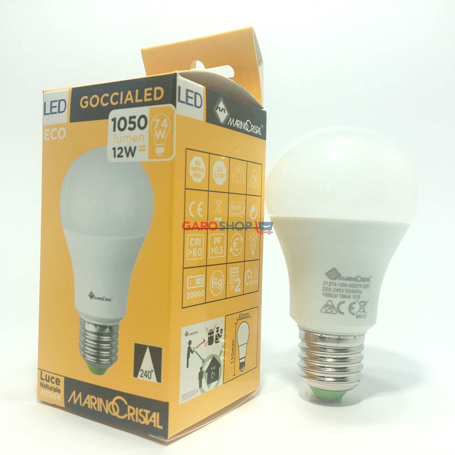 Ampoule LED MARINO CRISTAL ECO-DROP 12W E27 6000K Blanc Froid IP44, Référence 21275